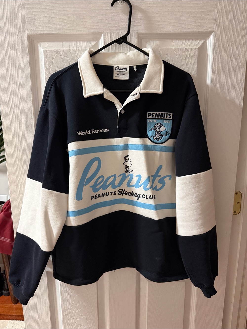 Peanuts Navy, White & Light Blue Hockey Crewneck